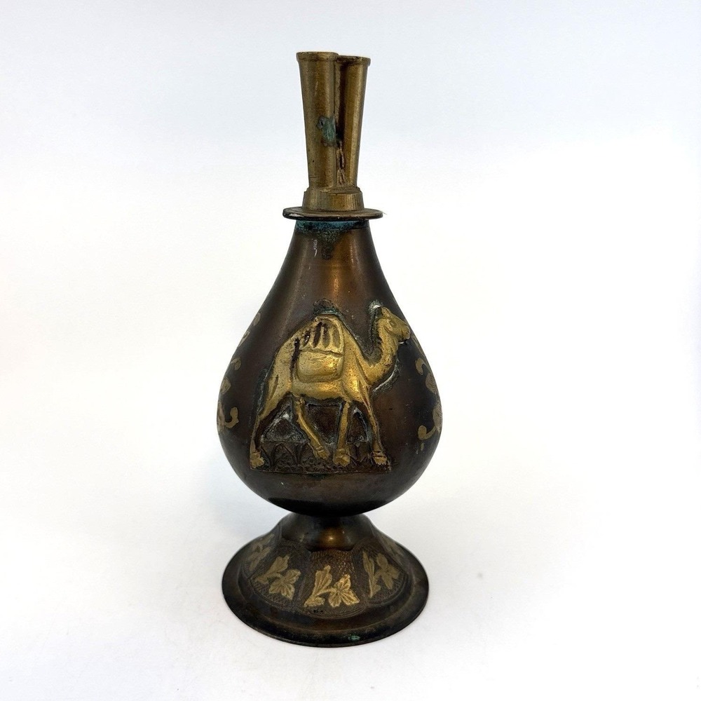 Vintage Indian Brass Double Neck Vessel Camel‎ Palm Tree Engraved 8.75"